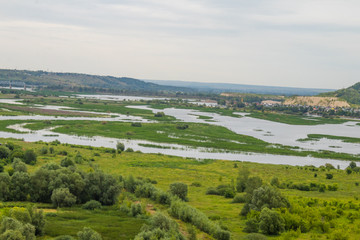 summer landscape, river, forest, village