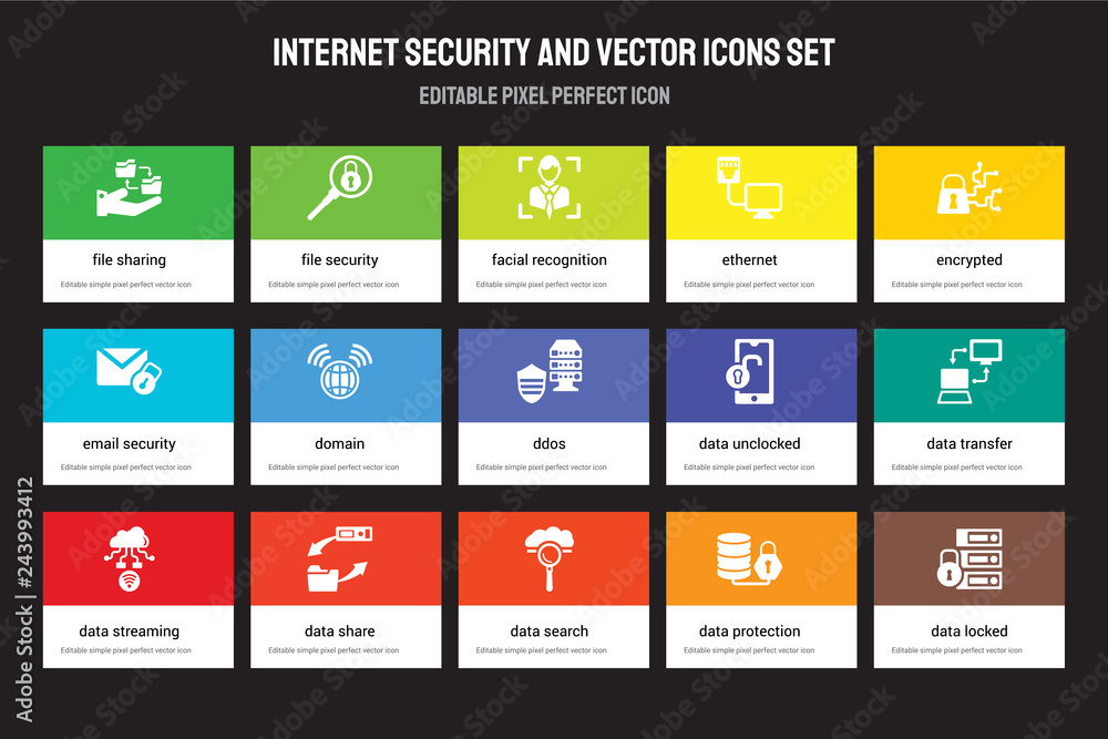 Poster set of 15 flat internet security and icons - file sharing, security, data search, encrypted, streami