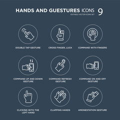 9 Double Tap gesture, cross finger, Luck, Clicking with the left hand, Command on and off gesture modern icons black background, vector illustration, eps10, trendy icon set.
