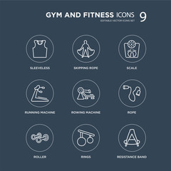 Fototapeta premium 9 Sleeveless, Skipping Rope, Roller, Rowing Machine, Scale, Running Rings modern icons on black background, vector illustration, eps10, trendy icon set.