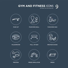 Fototapeta premium 9 Push up, Punching ball, Protein, Protein shake, Pull up bar, bag, Pulsometer, Press Simulator modern icons on black background, vector illustration, eps10, trendy icon set.