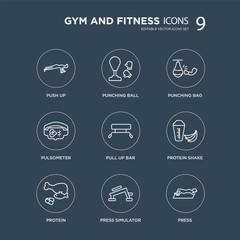 9 Push up, Punching ball, Protein, Protein shake, Pull up bar, bag, Pulsometer, Press Simulator modern icons on black background, vector illustration, eps10, trendy icon set.