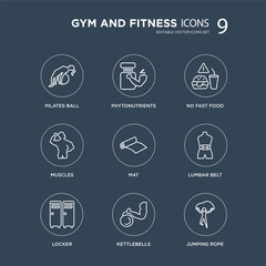 9 Pilates ball, Phytonutrients, Locker, Lumbar belt, Mat, No Fast Food, Muscles, Kettlebells modern icons on black background, vector illustration, eps10, trendy icon set.
