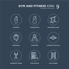 9 Isotonic, Hydratation, Gymnastic Rings, Roller, Hand grip, Horizontal Bar, Headgear, Gym Station modern icons on black background, vector illustration, eps10, trendy icon set.