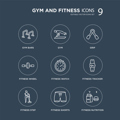 9 Gym bars, Gym, fitness Step, Fitness Tracker, Watch, Grip, Wheel, Shorts modern icons on black background, vector illustration, eps10, trendy icon set.