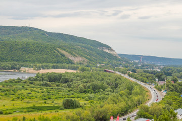 summer landscape, river, forest, village