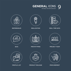 9 referendum, realization, profile list, project team, prototyping, real time data, quiz, product release modern icons on black background, vector illustration, eps10, trendy icon set.