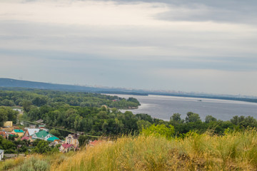 summer landscape, river, forest, village