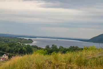 summer landscape, river, forest, village