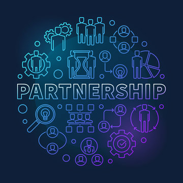 Partnership vector concept round blue illustration in outline style on dark background