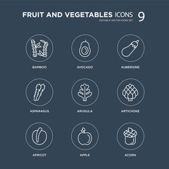 9 Bamboo, Avocado, Apricot, Artichoke, Arugula, Aubergine, Asparagus, Apple modern icons on black background, vector illustration, eps10, trendy icon set.