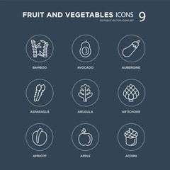 Fototapeta premium 9 Bamboo, Avocado, Apricot, Artichoke, Arugula, Aubergine, Asparagus, Apple modern icons on black background, vector illustration, eps10, trendy icon set.