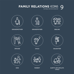 9 grandmother, grandfather, son, daughter, child, sibling, spouse, parent modern icons on black background, vector illustration, eps10, trendy icon set.