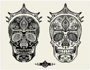 Hand drawn ornamental skulls set, sugar skulls with crowns