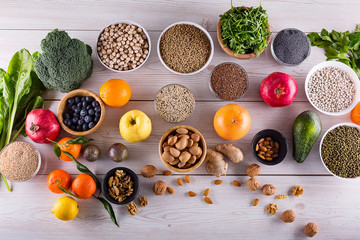 Top view of selected healthy and clean foods