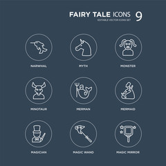 9 Narwhal, myth, Magician, Mermaid, Merman, Monster, Minotaur, Magic wand modern icons on black background, vector illustration, eps10, trendy icon set.
