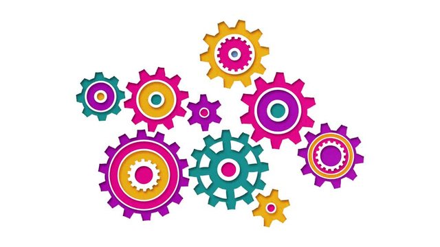 Beautiful colored gears of various shapes spin into engagement. Cut paper effect. Looped Video with alpha channel.