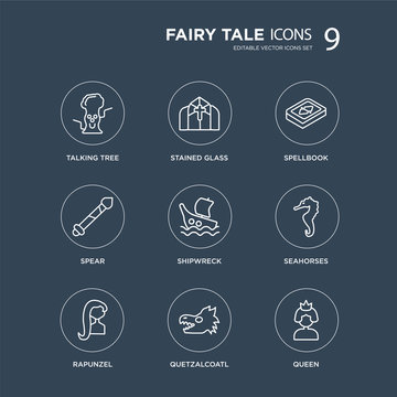 9 Talking tree, Stained glass, rapunzel, Seahorses, Shipwreck, Spellbook, Spear, Quetzalcoatl modern icons on black background, vector illustration, eps10, trendy icon set.