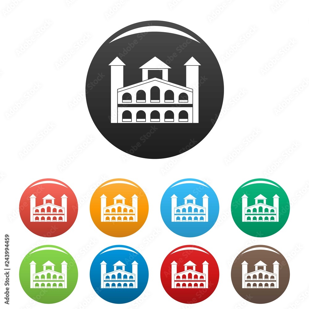 Poster historical building icons set 9 color vector isolated on white for any design