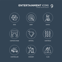 9 Dice, Dart, Controller, Controls, Crystal, dance, curtain stage, Concert modern icons on black background, vector illustration, eps10, trendy icon set.