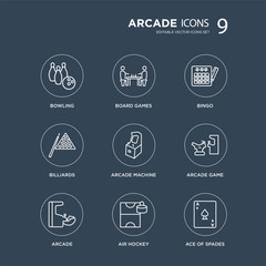 9 Bowling, Board games, Arcade, Arcade game, Machine, Bingo, Billiards, Air hockey modern icons on black background, vector illustration, eps10, trendy icon set.