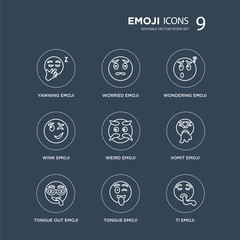 9 Yawning emoji, Worried Tongue out Vomit Weird Wondering Wink emoji modern icons on black background, vector illustration, eps10, trendy icon set.