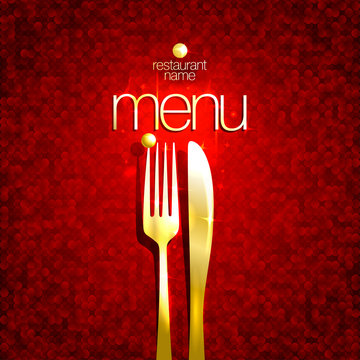 Chic restaurant menu card, golden fork and knife, mosaic deep red backdrop