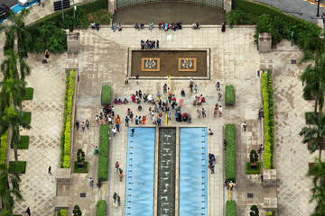 Aerial view looking down onto public area with water feature