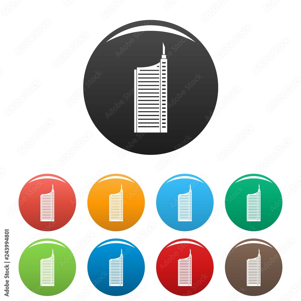 Poster sky scraper icons set 9 color vector isolated on white for any design