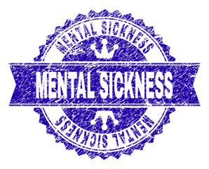 MENTAL SICKNESS rosette stamp seal overlay with grunge style. Designed with round rosette, ribbon and small crowns. Blue vector rubber watermark of MENTAL SICKNESS title with dust style.