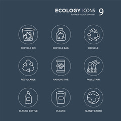 9 Recycle bin, bag, Plastic bottle, Pollution, Radioactive, Recycle, Recyclable, modern icons on black background, vector illustration, eps10, trendy icon set.