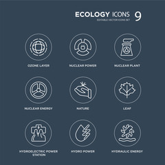 9 Ozone layer, Nuclear power, Hydroelectric power station, Leaf, Nature, plant, energy, Hydro modern icons on black background, vector illustration, eps10, trendy icon set.
