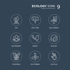 9 Gas, Fruit tree, Ecologism, Ecology, Energy, Eolic energy, Environment, eco Turbine modern icons on black background, vector illustration, eps10, trendy icon set.