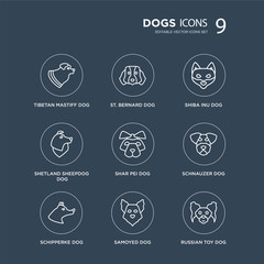 9 Tibetan Mastiff dog, St. Bernard Schipperke Schnauzer Shar Pei Shiba Inu dog modern icons on black background, vector illustration, eps10, trendy icon set.