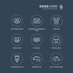 Obraz premium 9 Rottweiler dog, Rhodesian Ridgeback Pomeranian Poodle Pug Pumi Puggle Pointer dog modern icons on black background, vector illustration, eps10, trendy icon set.