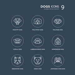9 Mastiff dog, Maltipoo Keeshond Komondor Labradoodle Maltese Vizsla Jindo dog modern icons on black background, vector illustration, eps10, trendy icon set.