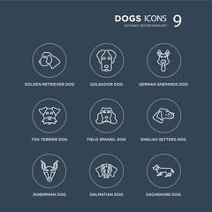 9 Golden Retriever dog, Goldador Doberman English Setters Field Spaniel German Shepards dog modern icons on black background, vector illustration, eps10, trendy icon set.