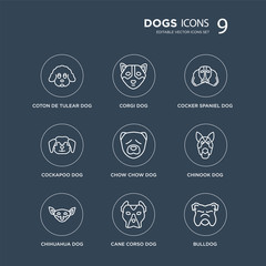 9 Coton De Tulear dog, Corgi Chihuahua Chinook Chow Cocker Spaniel dog modern icons on black background, vector illustration, eps10, trendy icon set.