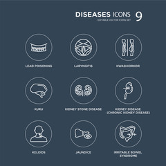 9 Lead poisoning, Laryngitis, Keloids, Kidney Disease (Chronic Disease), stone disease, Kwashiorkor modern icons on black background, vector illustration, eps10, trendy icon set.