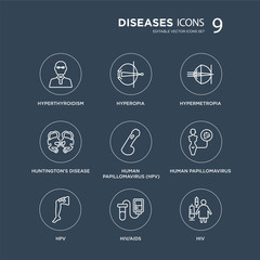 9 Hyperthyroidism, Hyperopia, HPV, Human papillomavirus, papillomavirus (HPV), Hypermetropia modern icons on black background, vector illustration, eps10, trendy icon set.