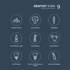 9 Wisdom tooth, White teeth, Toothache, Toothbrush, Toothpaste, Tweezers, Toothpaste tube, tooth with metallic root modern icons on black background, vector illustration, eps10, trendy icon set.