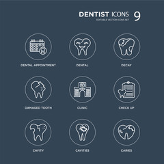 9 Dental Appointment, Dental, Cavity, Check up, Clinic, Decay, Damaged tooth, Cavities modern icons on black background, vector illustration, eps10, trendy icon set.