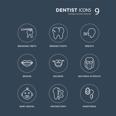 9 Brushing teeth, Broken tooth, Baby dental, Bacteria in mouth, Bicuspid, Breath, Braces, Apicoectomy modern icons on black background, vector illustration, eps10, trendy icon set.