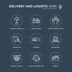 9 Logistic Umbrella, Ship, Global Logistic, Guarantee, Hangar, Protection modern icons on black background, vector illustration, eps10, trendy icon set.