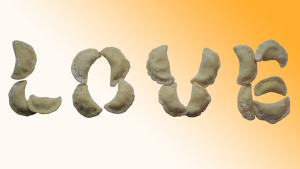 The text made of dumplings. Edible text. The sign from food. 
