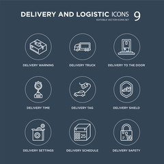 9 Delivery warning, truck, delivery Settings, shield, Tag, to the door modern icons on black background, vector illustration, eps10, trendy icon set.