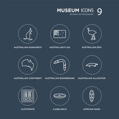 Fototapeta premium 9 Australian kangaroo, flag, Ajotomate, Alligator, Boomerang, emu modern icons on black background, vector illustration, eps10, trendy icon set.