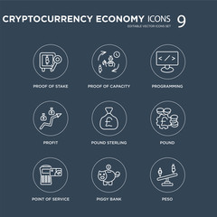 9 Proof of stake, capacity, Point service, Pound, Pound sterling, Programming, Profit, Piggy bank modern icons on black background, vector illustration, eps10, trendy icon set.