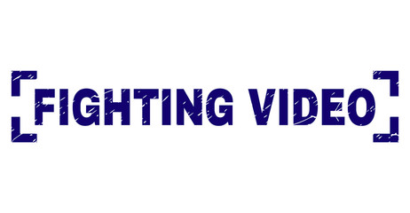 FIGHTING VIDEO tag seal print with distress texture. Text title is placed inside corners. Blue vector rubber print of FIGHTING VIDEO with scratched texture.