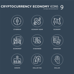 9 Ethereum, economy Gear, Donate, Donation, e-business, Economy, Economist, Dollar tag modern icons on black background, vector illustration, eps10, trendy icon set.
